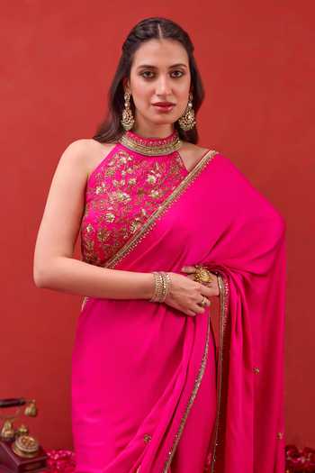 Buy Taro Fuchsia Silk Satin Halter Neck Kaashni Border Embroidered Saree With Blouse Online at Aza Fashions Buy_Taro_Fuchsia Silk Satin Halter Neck Kaashni Border Embroidered Saree With Blouse _Online_at_Aza_Fashions