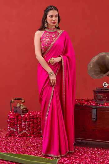Shop Taro Fuchsia Silk Satin Halter Neck Kaashni Border Embroidered Saree With Blouse Online at Aza Fashions Shop_Taro_Fuchsia Silk Satin Halter Neck Kaashni Border Embroidered Saree With Blouse _Online_at_Aza_Fashions