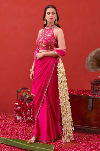 Taro Fuchsia Silk Satin Halter Neck Kaashni Border Embroidered Saree With Blouse at Aza Fashions Taro_Fuchsia Silk Satin Halter Neck Kaashni Border Embroidered Saree With Blouse _at_Aza_Fashions