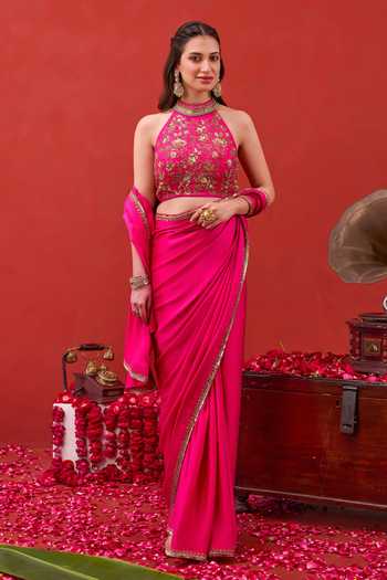 Buy Taro Fuchsia Silk Satin Halter Neck Kaashni Border Embroidered Saree With Blouse Buy_Taro_Fuchsia Silk Satin Halter Neck Kaashni Border Embroidered Saree With Blouse