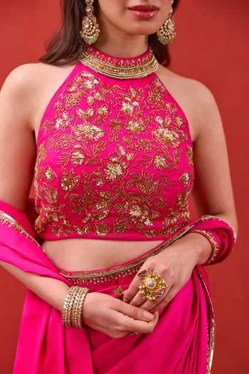 Shop Taro Fuchsia Silk Satin Halter Neck Kaashni Border Embroidered Saree With Blouse Shop_Taro_Fuchsia Silk Satin Halter Neck Kaashni Border Embroidered Saree With Blouse