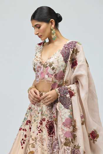 Buy Varun Bahl Peach Organza, Viscose V-neck Tissue And Embroidered Lehenga Set Online at Aza Fashions Buy_Varun Bahl_Peach Organza, Viscose V-neck Tissue And Embroidered Lehenga Set _Online_at_Aza_Fashions