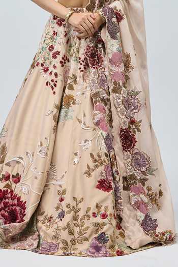Shop Varun Bahl Peach Organza, Viscose V-neck Tissue And Embroidered Lehenga Set Online at Aza Fashions Shop_Varun Bahl_Peach Organza, Viscose V-neck Tissue And Embroidered Lehenga Set _Online_at_Aza_Fashions
