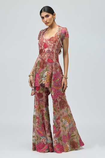 Varun Bahl Pink Net Embroidery, Sequins, Beads, Pearls, Zari Scoop Neck, Jacket Palazzo Set Online at Aza Fashions Varun Bahl_Pink Net Embroidery, Sequins, Beads, Pearls, Zari Scoop Neck, Jacket Palazzo Set _Online_at_Aza_Fashions