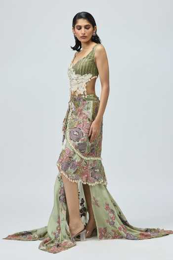 Varun Bahl_Green Silk Organza Asymmetric Neck Embroidered Peplum Top And Skirt Set _Online_at_Aza_Fashions