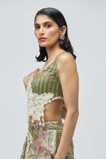 Buy_Varun Bahl_Green Silk Organza Asymmetric Neck Embroidered Peplum Top And Skirt Set _Online_at_Aza_Fashions