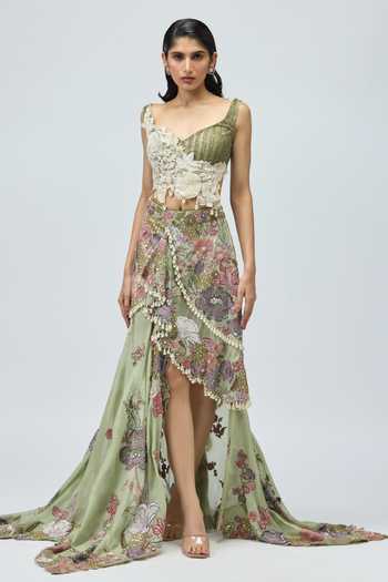 Varun Bahl Embroidered Peplum Top & Skirt Set 