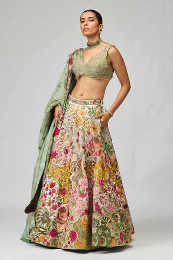 Varun Bahl_Pink Organza, Modal, Dupion V-neck Floral Embroidered Lehenga Set _Online_at_Aza_Fashions