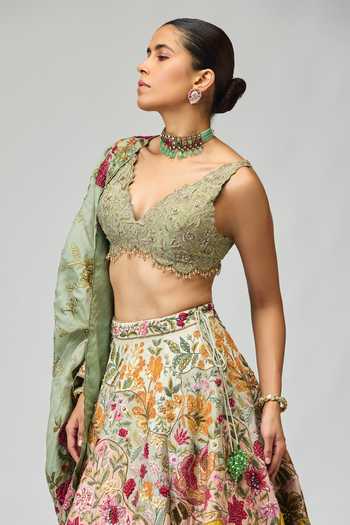 Buy_Varun Bahl_Pink Organza, Modal, Dupion V-neck Floral Embroidered Lehenga Set _Online_at_Aza_Fashions