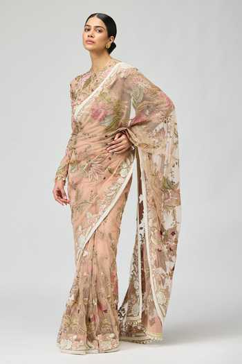 Varun Bahl_Peach Net Round Neck Embroidered Mono Saree Set _Online_at_Aza_Fashions