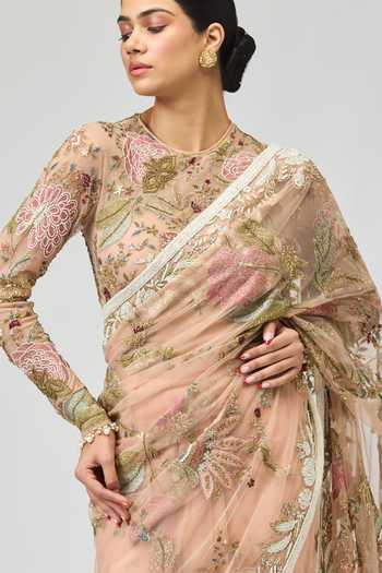 Buy_Varun Bahl_Peach Net Round Neck Embroidered Mono Saree Set _Online_at_Aza_Fashions