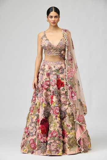 Buy Varun Bahl Pink Modal, Dupion V-neck Embroidered Floral Lehenga Set Online at Aza Fashions Buy_Varun Bahl_Pink Modal, Dupion V-neck Embroidered Floral Lehenga Set _Online_at_Aza_Fashions
