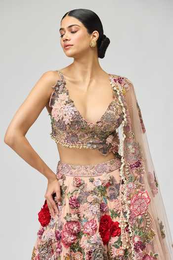 Shop Varun Bahl Pink Modal, Dupion V-neck Embroidered Floral Lehenga Set Online at Aza Fashions Shop_Varun Bahl_Pink Modal, Dupion V-neck Embroidered Floral Lehenga Set _Online_at_Aza_Fashions