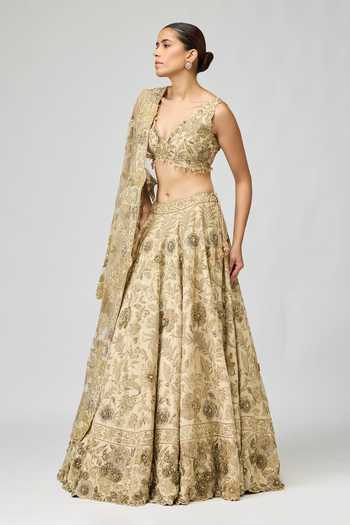 Varun Bahl_Beige Viscose V-neck Floral Embroidered Lehenga Set _Online_at_Aza_Fashions