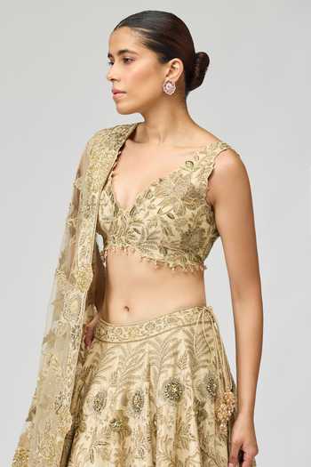 Buy_Varun Bahl_Beige Viscose V-neck Floral Embroidered Lehenga Set _Online_at_Aza_Fashions