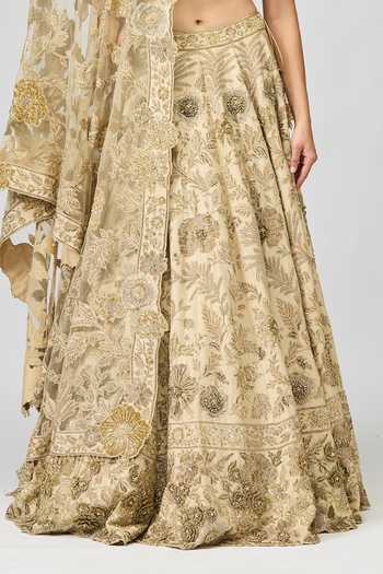 Shop_Varun Bahl_Beige Viscose V-neck Floral Embroidered Lehenga Set _Online_at_Aza_Fashions