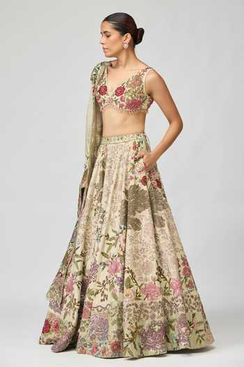 Varun Bahl_Green Modal, Dupion V-neck Floral Embroidered Lehenga Set _Online_at_Aza_Fashions
