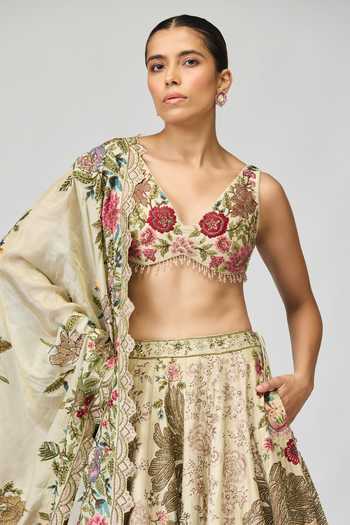 Buy_Varun Bahl_Green Modal, Dupion V-neck Floral Embroidered Lehenga Set _Online_at_Aza_Fashions