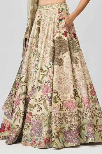 Shop_Varun Bahl_Green Modal, Dupion V-neck Floral Embroidered Lehenga Set _Online_at_Aza_Fashions