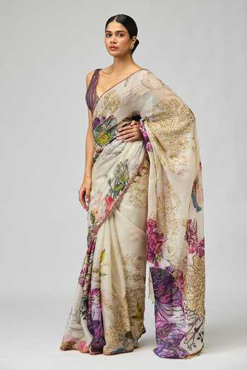 Varun Bahl_Ivory Silk Organza V-neck Saree Set _Online_at_Aza_Fashions