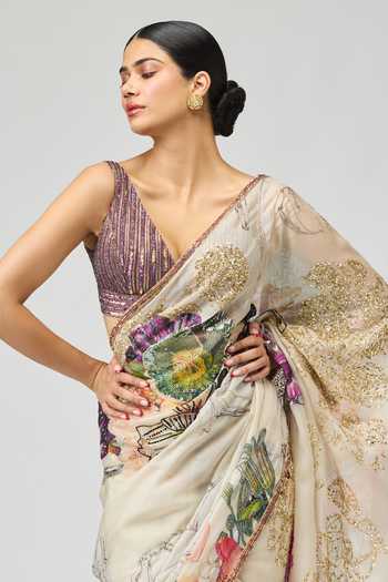 Buy_Varun Bahl_Ivory Silk Organza V-neck Saree Set _Online_at_Aza_Fashions