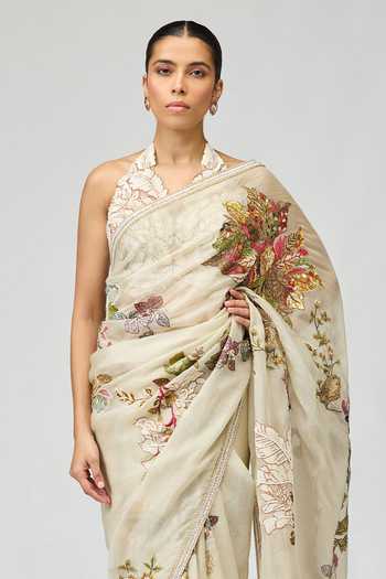 Varun Bahl Ivory Net, Silk Organza Halter Neck Embroidered Floral Saree Set Online at Aza Fashions Varun Bahl_Ivory Net, Silk Organza Halter Neck Embroidered Floral Saree Set _Online_at_Aza_Fashions