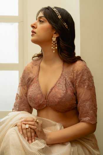 Shop Priyanka Raajiv Pink Lace Leaf Neck Chanak Blouse Online at Aza Fashions Shop_Priyanka Raajiv_Pink Lace Leaf Neck Chanak Blouse _Online_at_Aza_Fashions