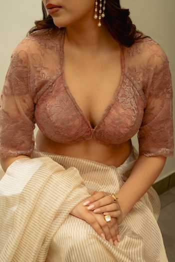 Buy Priyanka Raajiv Pink Lace Leaf Neck Chanak Blouse Buy_Priyanka Raajiv_Pink Lace Leaf Neck Chanak Blouse