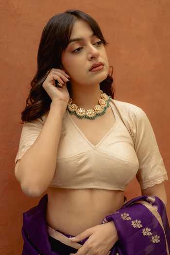 Priyanka Raajiv Beige Silk V-neck Champak Blouse Online at Aza Fashions Priyanka Raajiv_Beige Silk V-neck Champak Blouse _Online_at_Aza_Fashions