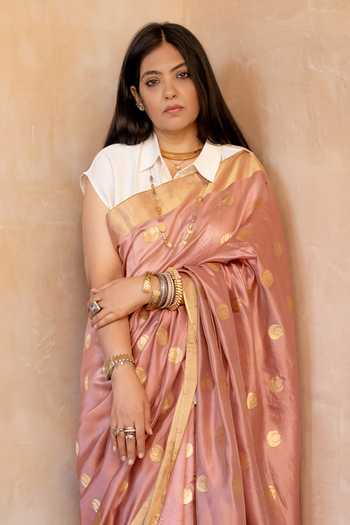 Priyanka Raajiv Pink Silk, Chanderi Tarini Saree With Unstitched Blouse Fabric Online at Aza Fashions Priyanka Raajiv_Pink Silk, Chanderi Tarini Saree With Unstitched Blouse Fabric _Online_at_Aza_Fashions