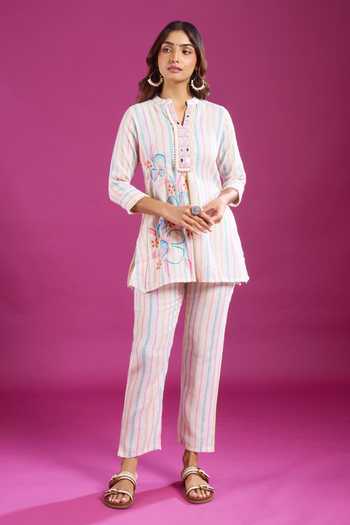 Khwaab By Sanjana Lakhani Striped Print Linen Kurta & Pant Set 