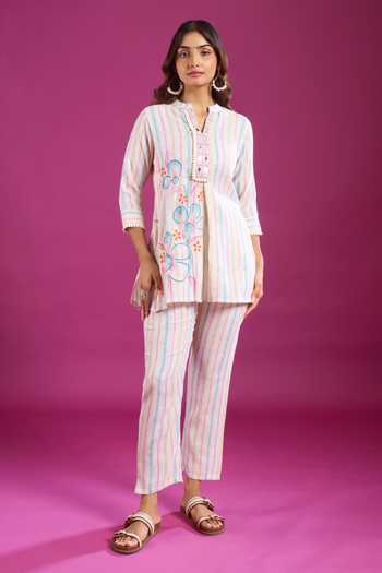 Khwaab By Sanjana Lakhani_Multi Color Linen Mandarin Collar, Yes Striped Print Kurta And Pant Set _Online_at_Aza_Fashions