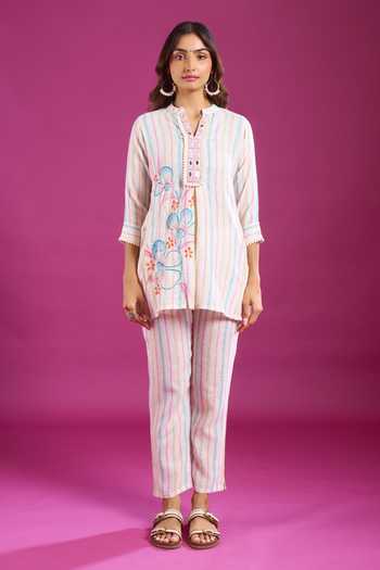 Buy_Khwaab By Sanjana Lakhani_Multi Color Linen Mandarin Collar, Yes Striped Print Kurta And Pant Set _Online_at_Aza_Fashions