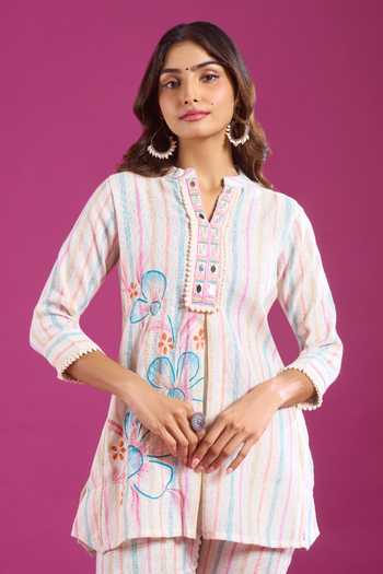 Shop_Khwaab By Sanjana Lakhani_Multi Color Linen Mandarin Collar, Yes Striped Print Kurta And Pant Set _Online_at_Aza_Fashions