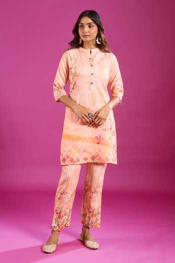 Khwaab By Sanjana Lakhani_Peach Cotton Mandarin Collar Printed Kurta And Pant Set _Online_at_Aza_Fashions