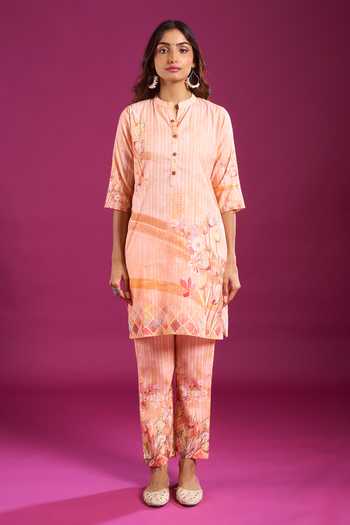 Buy_Khwaab By Sanjana Lakhani_Peach Cotton Mandarin Collar Printed Kurta And Pant Set _Online_at_Aza_Fashions