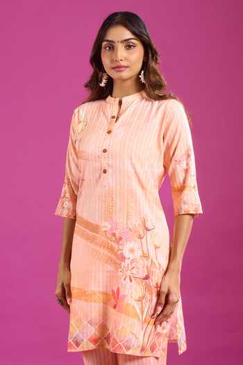Shop_Khwaab By Sanjana Lakhani_Peach Cotton Mandarin Collar Printed Kurta And Pant Set _Online_at_Aza_Fashions