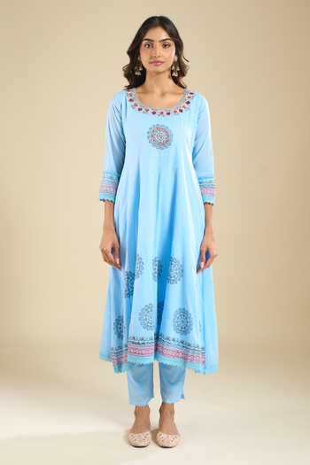 Khwaab By Sanjana Lakhani Blue Cotton Round Neck Printed Kurta Set With Dupatta And Pant Online at Aza Fashions Khwaab By Sanjana Lakhani_Blue Cotton Round Neck Printed Kurta Set With Dupatta And Pant _Online_at_Aza_Fashions