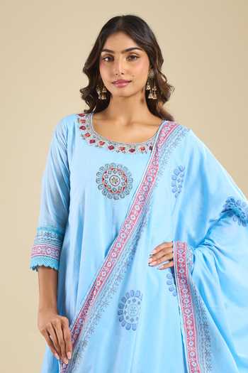 Buy Khwaab By Sanjana Lakhani Blue Cotton Round Neck Printed Kurta Set With Dupatta And Pant Online at Aza Fashions Buy_Khwaab By Sanjana Lakhani_Blue Cotton Round Neck Printed Kurta Set With Dupatta And Pant _Online_at_Aza_Fashions