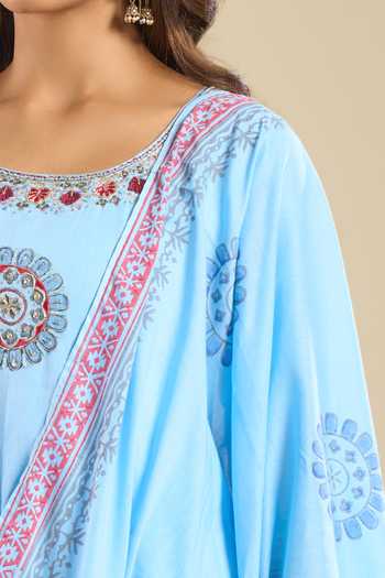 Shop Khwaab By Sanjana Lakhani Blue Cotton Round Neck Printed Kurta Set With Dupatta And Pant Online at Aza Fashions Shop_Khwaab By Sanjana Lakhani_Blue Cotton Round Neck Printed Kurta Set With Dupatta And Pant _Online_at_Aza_Fashions