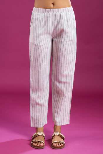 Shop_Khwaab By Sanjana Lakhani_White Linen Mandarin Collar, Yes Printed Straight Kurta And Pant Set _Online_at_Aza_Fashions