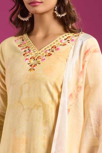 Buy Khwaab By Sanjana Lakhani Yellow Cotton V-neck Printed Straight Kurta Set Online at Aza Fashions Buy_Khwaab By Sanjana Lakhani_Yellow Cotton V-neck Printed Straight Kurta Set _Online_at_Aza_Fashions