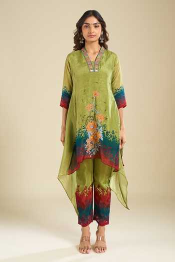 Buy_Khwaab By Sanjana Lakhani_Green Silk V-neck Printed Kurta And Pant Set _Online_at_Aza_Fashions