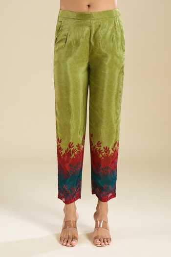 Shop_Khwaab By Sanjana Lakhani_Green Silk V-neck Printed Kurta And Pant Set _Online_at_Aza_Fashions