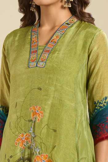 Khwaab By Sanjana Lakhani_Green Silk V-neck Printed Kurta And Pant Set _at_Aza_Fashions