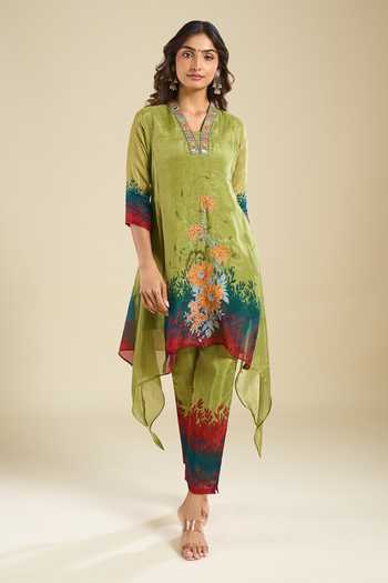 Buy_Khwaab By Sanjana Lakhani_Green Silk V-neck Printed Kurta And Pant Set 