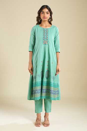 Shop Khwaab By Sanjana Lakhani Green Cotton Round Neck, Yes Printed Kurta Set Online at Aza Fashions Shop_Khwaab By Sanjana Lakhani_Green Cotton Round Neck, Yes Printed Kurta Set _Online_at_Aza_Fashions