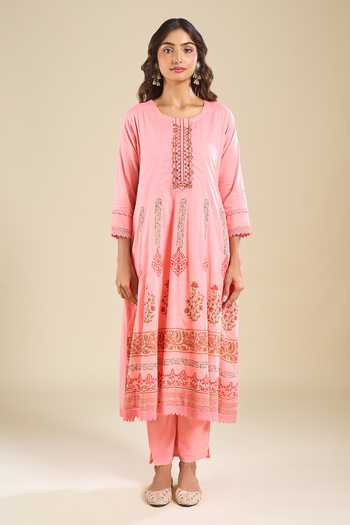 Khwaab By Sanjana Lakhani Peach Cotton Round Neck Printed Anarkali Set Online at Aza Fashions Khwaab By Sanjana Lakhani_Peach Cotton Round Neck Printed Anarkali Set _Online_at_Aza_Fashions
