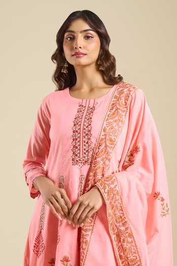 Shop Khwaab By Sanjana Lakhani Peach Cotton Round Neck Printed Anarkali Set Online at Aza Fashions Shop_Khwaab By Sanjana Lakhani_Peach Cotton Round Neck Printed Anarkali Set _Online_at_Aza_Fashions