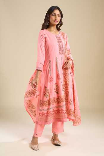 Khwaab By Sanjana Lakhani Peach Cotton Round Neck Printed Anarkali Set at Aza Fashions Khwaab By Sanjana Lakhani_Peach Cotton Round Neck Printed Anarkali Set _at_Aza_Fashions